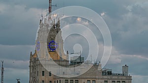 Telefonica Building is a Manhattan-style skyscraper at Gran Via timelapse, Madrid, Spain.