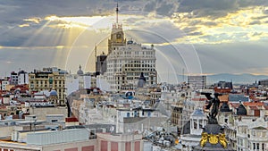 Telefonica Building is a Manhattan-style skyscraper at Gran Via timelapse, Madrid, Spain. Telefonica Building is the