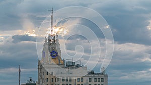 Telefonica Building is a Manhattan-style skyscraper at Gran Via timelapse, Madrid, Spain. Telefonica Building is the