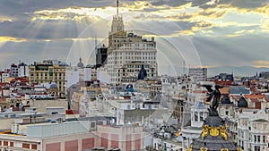 Telefonica Building is a Manhattan-style skyscraper at Gran Via timelapse, Madrid, Spain. Telefonica Building is the