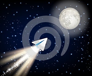 Telegram cryptocurrency flying to the moon like space rocket vector illustration