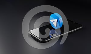 Telegram Logo Icon on Top of Smartphone 3D Dark Background