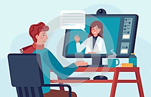 Telehealth doctor consultation. Patient talks with medic on computer. Online video call for pharmacy help. Virtual