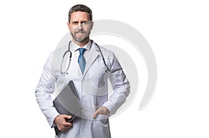 Telehealth doctor isolated on white. Medical man holding laptop. Telehealth care. Ehealth. Emedicine