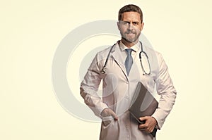 Telehealth doctor isolated on white. Medical man holding laptop. Telehealth care. Ehealth. Emedicine