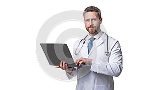 Telehealth doctor using laptop. Serious medical man in white coat. Telehealth care. Ehealth. Digital healthcare