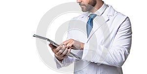 Telehealth doctor using tablet. Man doctor crop view isolated on white. Telehealthcare services