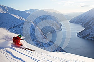 Skiing to fjord in norway photo