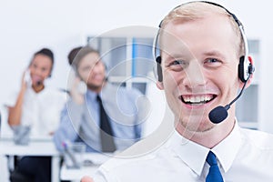 Telemarketer wearing headset