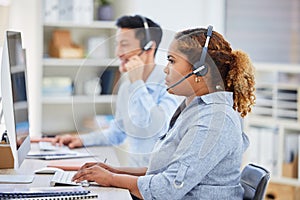 Telemarketing, business woman and contact us computer in a office with typing at desk. Call center, African female