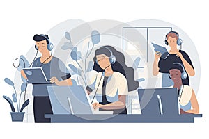 Telemarketing call center consultants team at work. Customer service or telemarketing agents making phone calls, flat vector