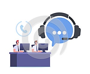 Telemarketing Call Operator Characters Hotline Communication, Consultation. Technical Support Specialist Sit at Computer