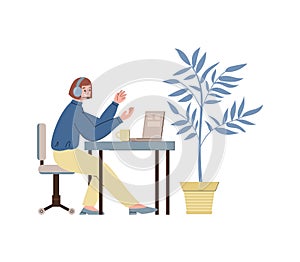 Telemarketing or customers support worker, flat vector illustration isolated.