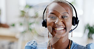 Telemarketing, face and happy black woman with a smile from customer support work. Call centre, crm and web help