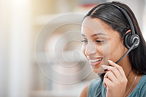 Telemarketing, headset and happy business woman face in contact center, callcenter consultation or tech support. Help
