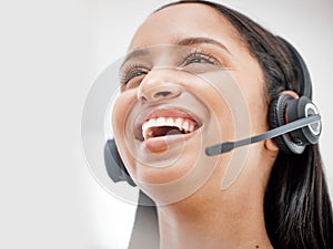 Telemarketing headset, professional face and happy woman laugh at funny sales pitch, callcenter joke or consultation