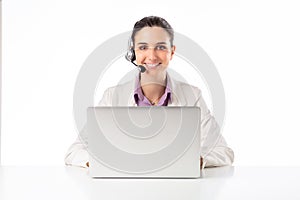 Telemarketing headset woman from call center