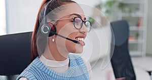 Telemarketing, headset and woman call center consultant in office for online ecommerce consultation. Crm, discussion and