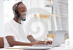 Telemarketing, laptop and black man with headset in office for CRM, customer service or voter helpline. Call center