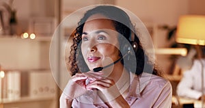 Telemarketing, night working and happy woman at a computer ready for call center work. Smile, customer support and CRM