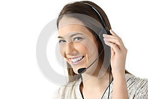 Telemarketing operator on white background photo