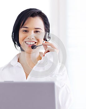 Telemarketing, portrait and woman customer support consultant doing online consultation in the office. Contact us, crm