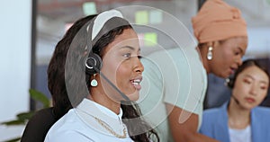 Telemarketing, sales or woman customer service consultant talking on phone with headset. Telesales, crm or call center
