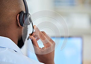 Telemarketing, support consultant or call center agent with headset closeup and online computer. Consulting customer