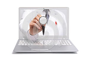 Telemedicine concept. Doctor with a stethoscope on the computer laptop screen.