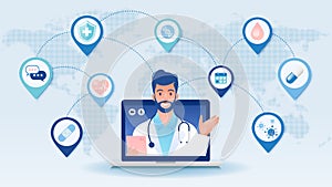 Telemedicine concept vector illustration. Patient consulting doctor using internet online technology through laptop computer aroun