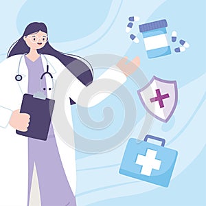 Telemedicine, female physician with stethoscope kit first aid and medicine
