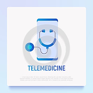 Telemedicine gradient flat icon: stethoscope on screen of smartphone. Modern vector illustration of online medical consultant