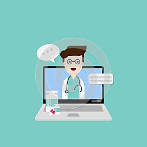 Telemedicine and health care concept. Doctor and stethoscope on the screen of the computer or laptop with a medicine bottle and