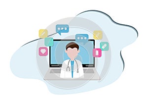 Telemedicine and health care concept. Doctor and stethoscope on the screen of laptop on blue background with popup icon of