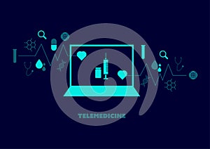 Telemedicine and health care concept. Injection and vaccine bottle on the screen of laptop or computer on blue background with