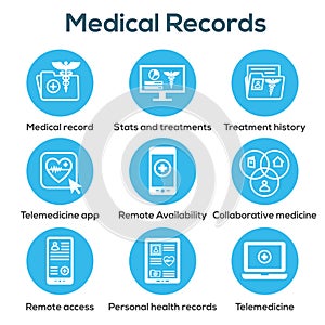 Telemedicine and Health Records Icon Set with Caduceus, file fol