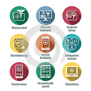 Telemedicine and Health Records Icon Set with Caduceus, file fol