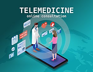 Telemedicine smartphone concept characters doctor and patient consultation diagnosis by internet. Online doctor service