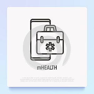 Telemedicine thin line icon: first-aid kit on screen of smartphone. Modern vector illustration of online medical consultant