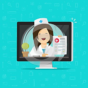Telemedicine vector illustration, flat cartoon doctor character consulting online via computer, woman medic give