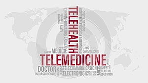 Telemedicine vs Telehealth Word Cloud on world map. Health background concept