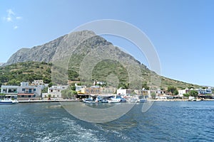 Telendos island, Greece. A view of the village with the islands mountain as the backdrop.