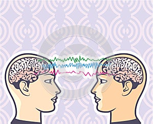 Telepathy Between Human Brains via Brainwaves Vector Illustration photo