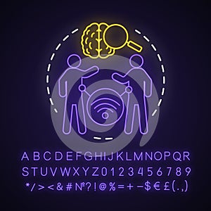 Telepathy neon light concept icon. Mind reading, thought transference idea. Glowing sign with alphabet, numbers and