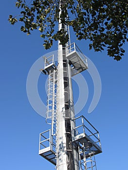 Telephone antenna with tree crown on top against the blue sky . View from below