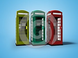 Telephone booth red green yellow 3d render on blue background with shadow