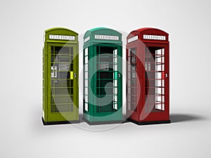 Telephone booth red green yellow 3d render on gray background with shadow