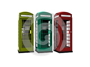 Telephone booth red green yellow 3d render on white background no shadow