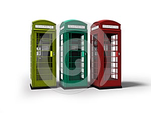 Telephone booth red green yellow 3d render on white background with shadow