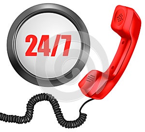 Telephone and 24/7 button. 24 hours in day, photo